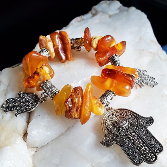 Genuine Nugget Amber Pearls Silver Bracelet